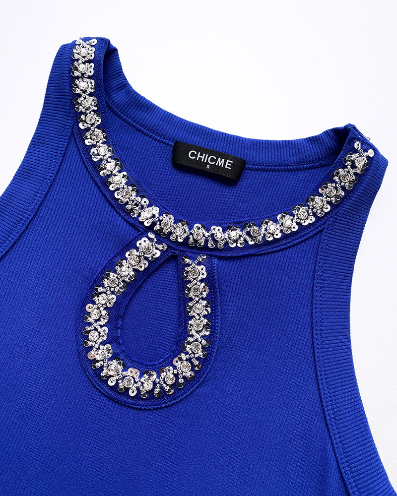 Sequin Keyhole Neck Sleeveless Rhinestone Ribbed Tank Top