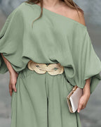Lantern Sleeve Top and Wide Leg Pants Set with Zipper