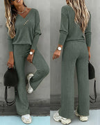 2-Piece V-Neck Button Top and Straight Leg Casual Pants Set