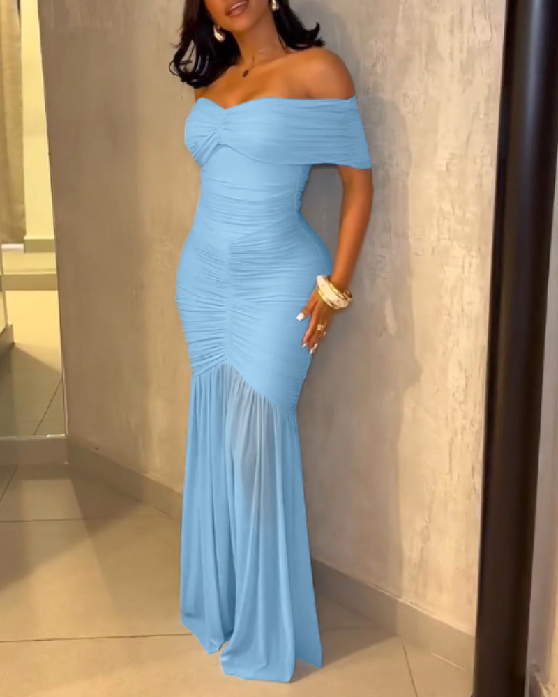 Off-Shoulder Ruched Waist Mermaid Evening Gown