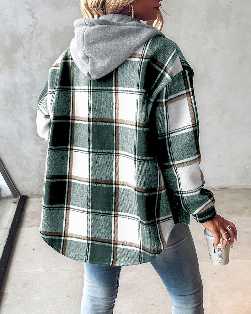 Hooded Plaid Shacket with Long Sleeves and Fleece Lining