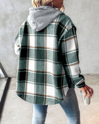 Hooded Plaid Shacket with Long Sleeves and Fleece Lining