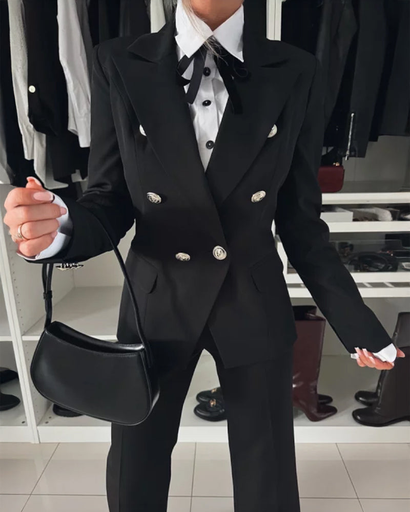 2-Piece Notched Collar Coat with Slim Fit Flared Pants Set