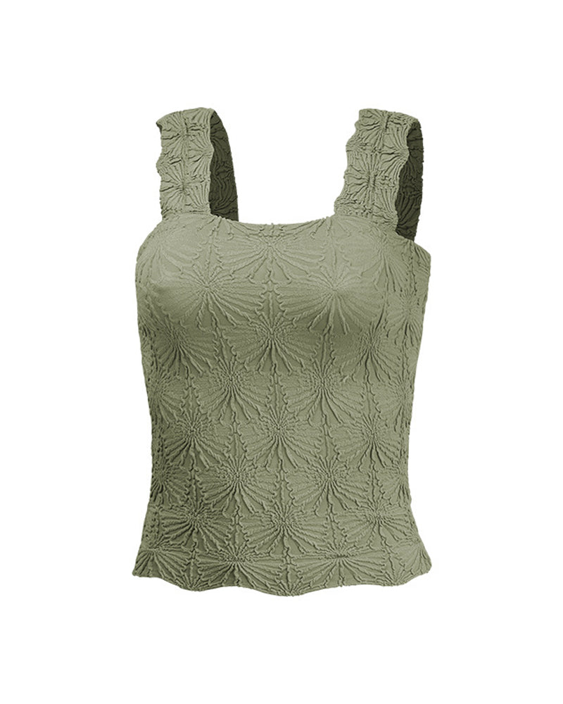 Floral Jacquard Square Neck Crop Top with Thick Straps