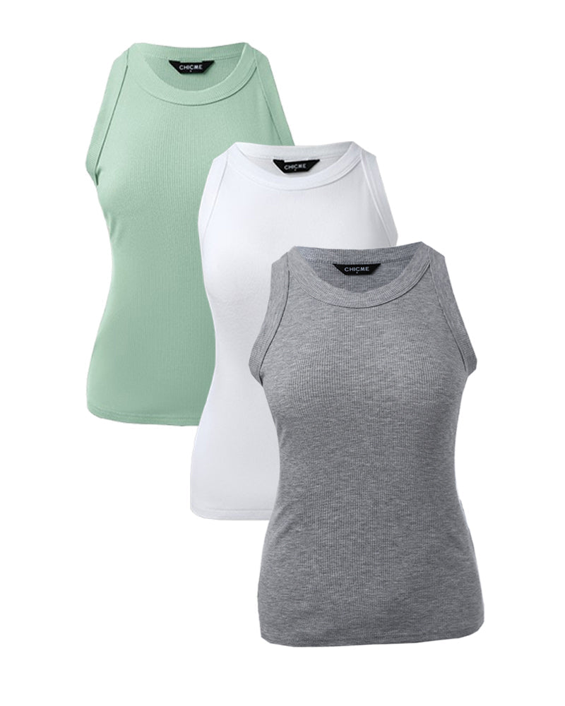 3-Pack Knit Racerback Tank Tops, Round Neck, Thick Straps