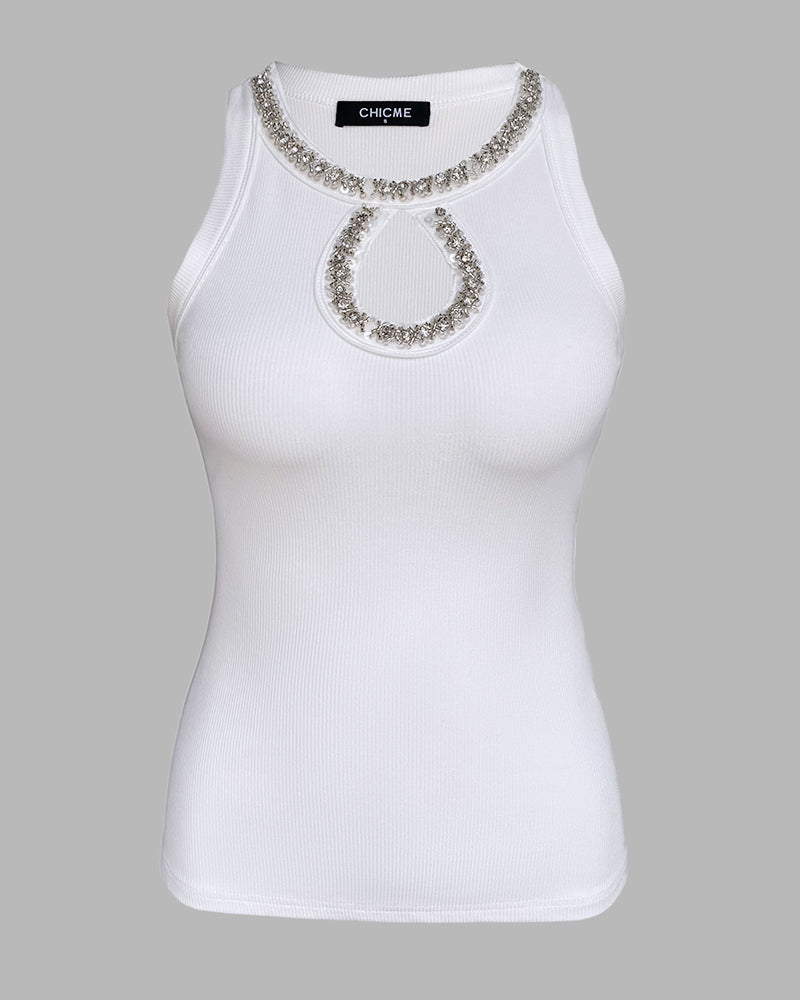 Sequin Keyhole Neck Sleeveless Rhinestone Ribbed Tank Top