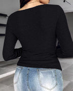 Rib Knit Notch Neck Long Sleeve Top with Built-In Bra