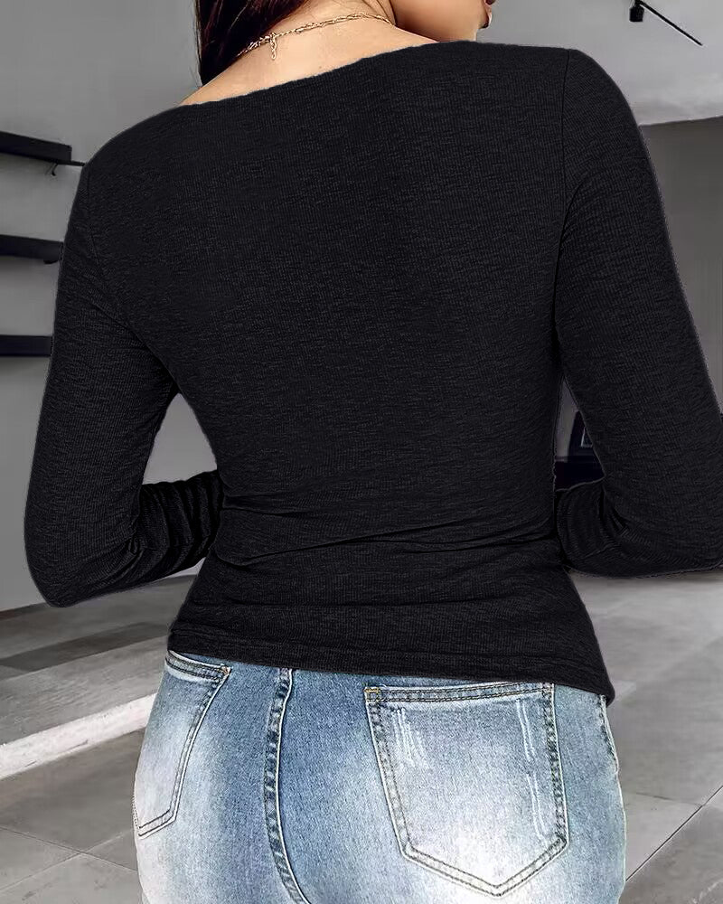 Rib Knit Notch Neck Long Sleeve Top with Built-In Bra