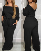 Off-Shoulder Jumpsuit with Elastic Waist, Pockets, and V-Back Design