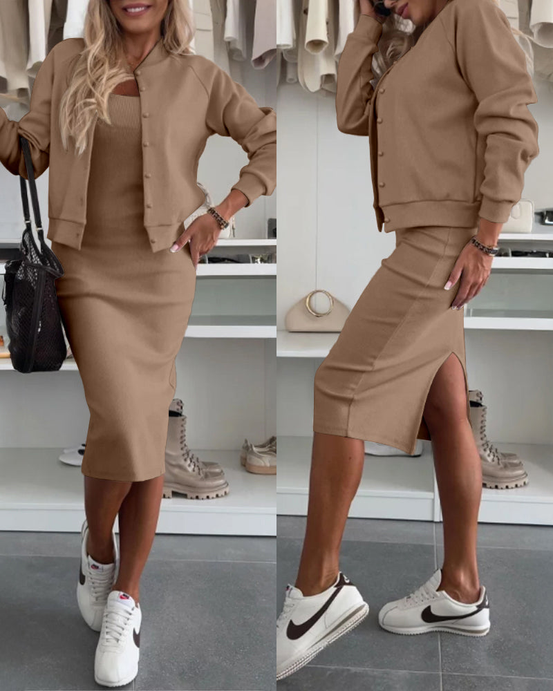 2-Piece U-Neck Tank Dress with Pearl-Button Baseball Coat Set