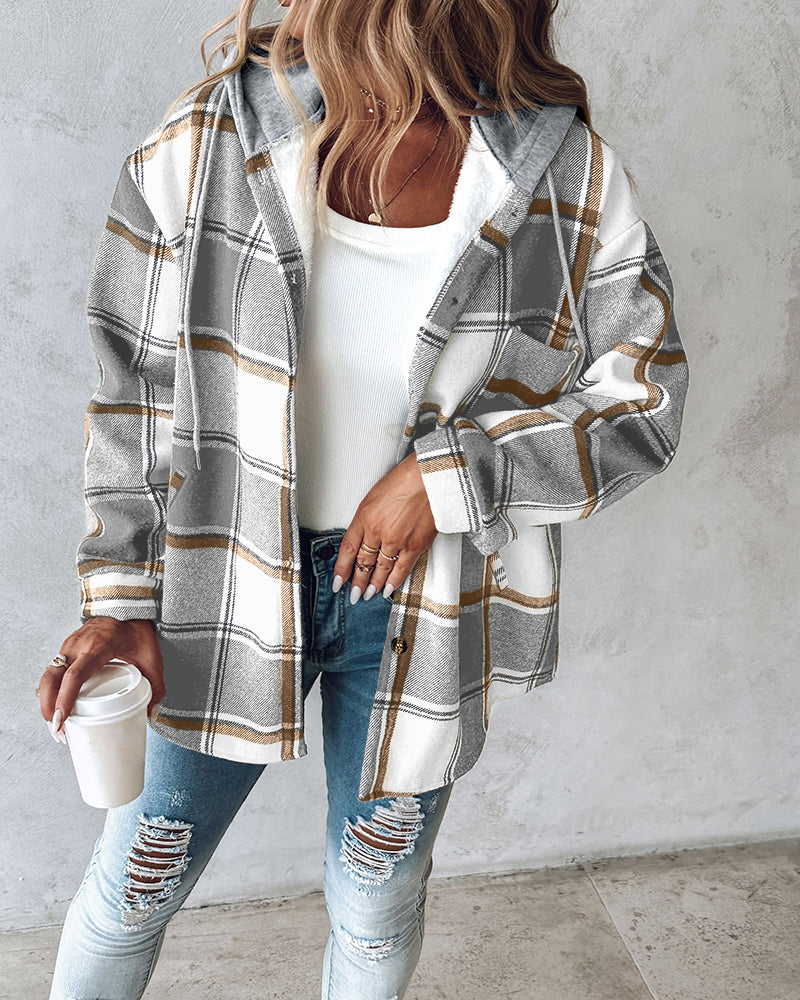 Hooded Plaid Shacket with Long Sleeves and Fleece Lining