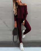 Skew Neck Pullover with High-Waist Drawstring Pants Set