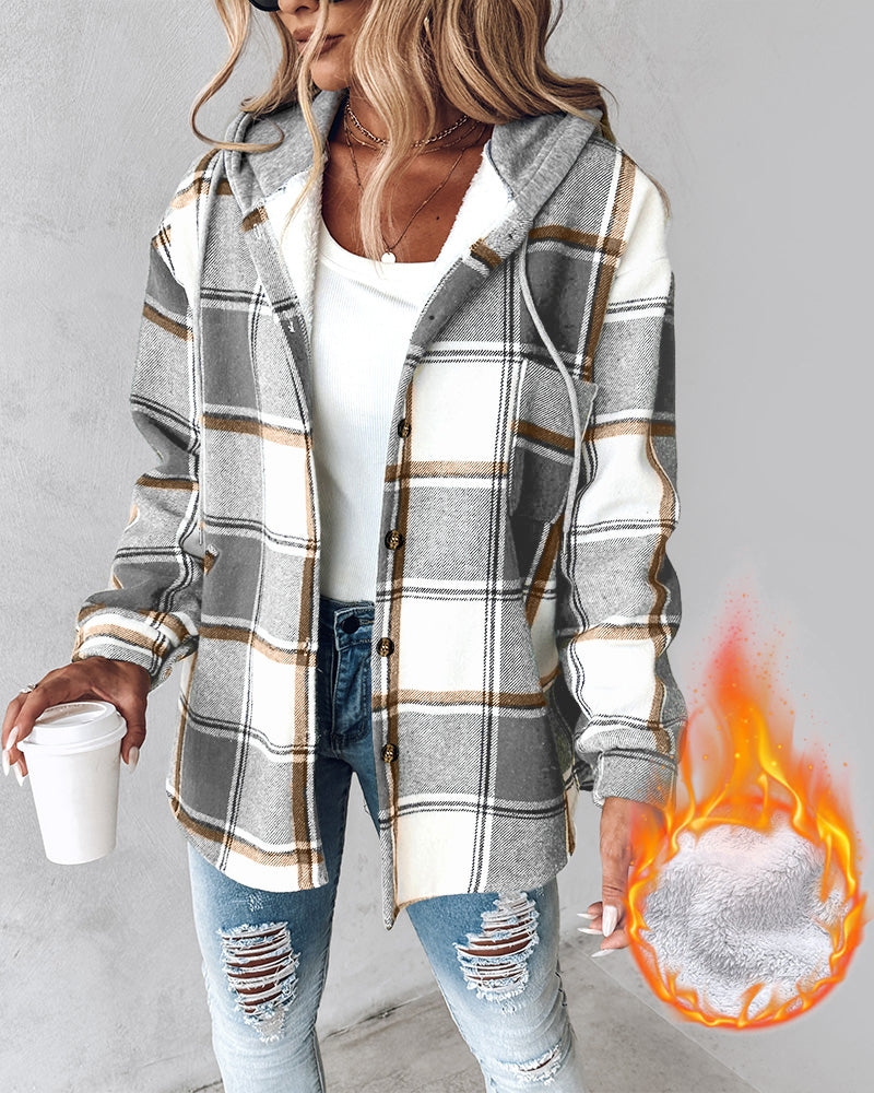 Hooded Plaid Shacket with Long Sleeves and Fleece Lining