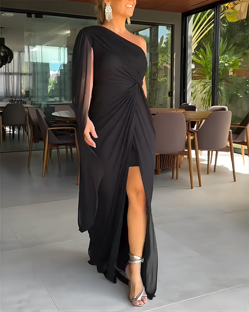 One-Shoulder Mesh Cloak Sleeve Dress with Ruched Waist and Slit