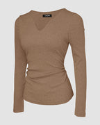 Rib Knit Notch Neck Long Sleeve Top with Built-In Bra