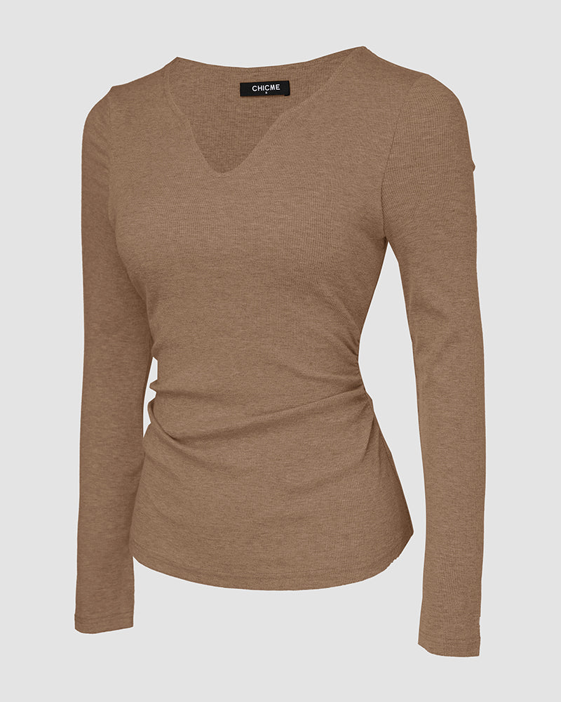 Rib Knit Notch Neck Long Sleeve Top with Built-In Bra