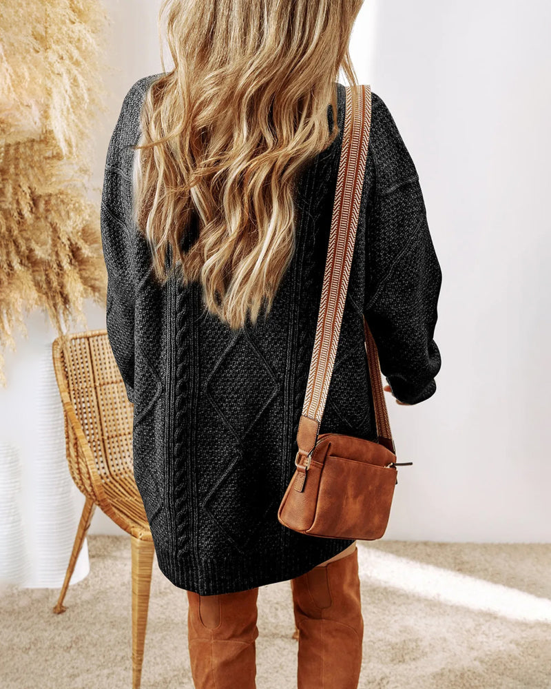 Casual Mid-Length Cable Knit Drop Shoulder Pullover Sweater