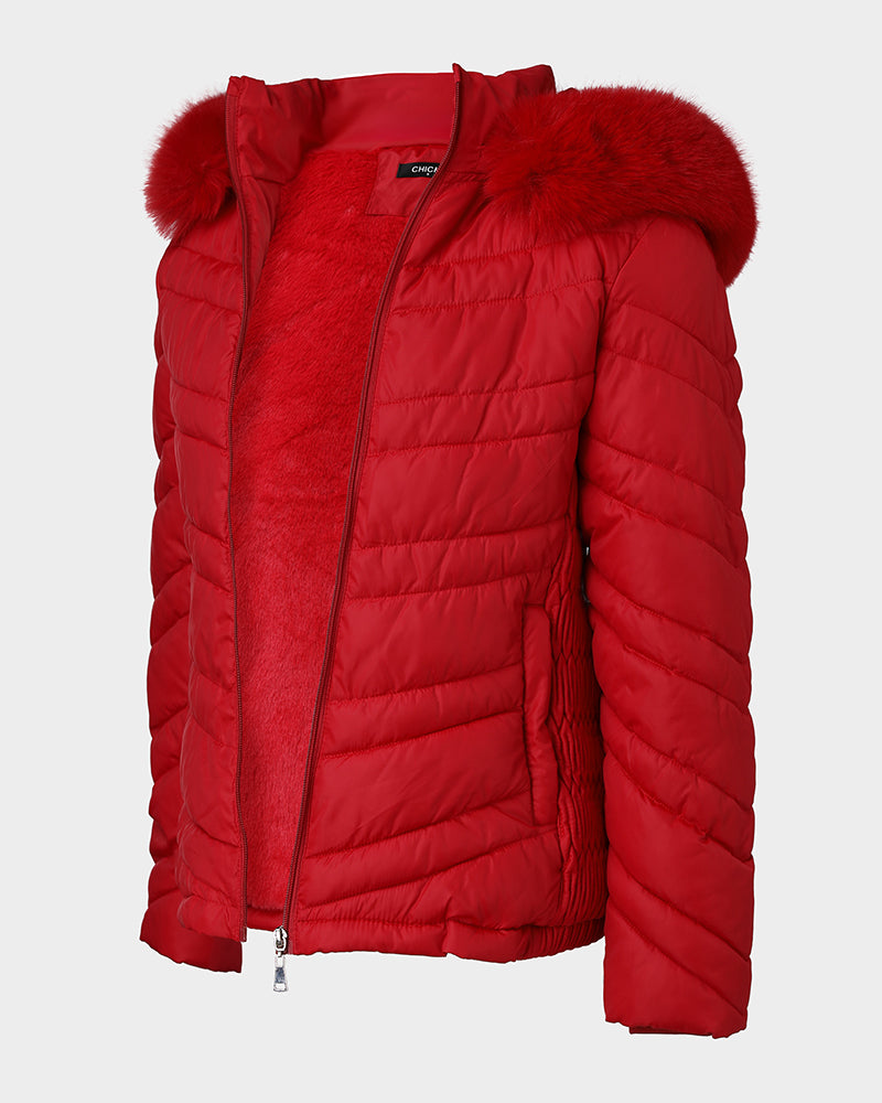 Fuzzy Trim Hooded Puffer Jacket with Shirred Zipper Pockets