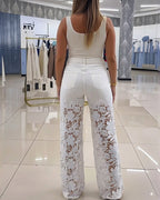"High-Waist Wide-Leg Jeans with Guipure Lace Trim and Zipper"