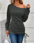 Long Sleeve Skew Neck Top with Drawstring Side Detail