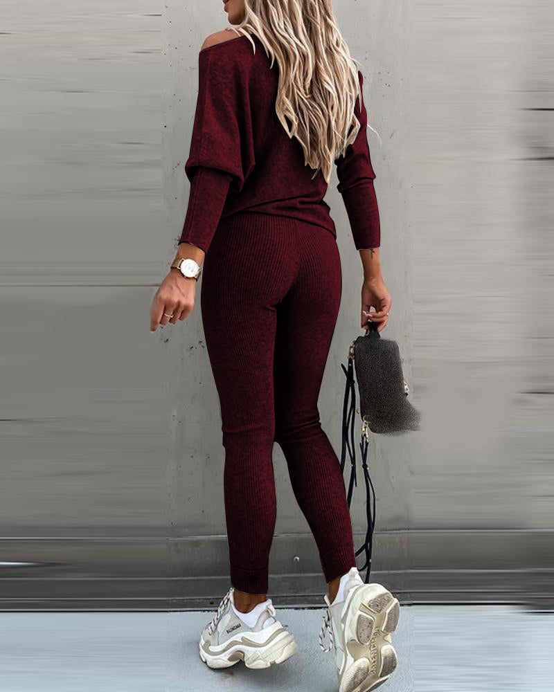 Skew Neck Pullover with High-Waist Drawstring Pants Set