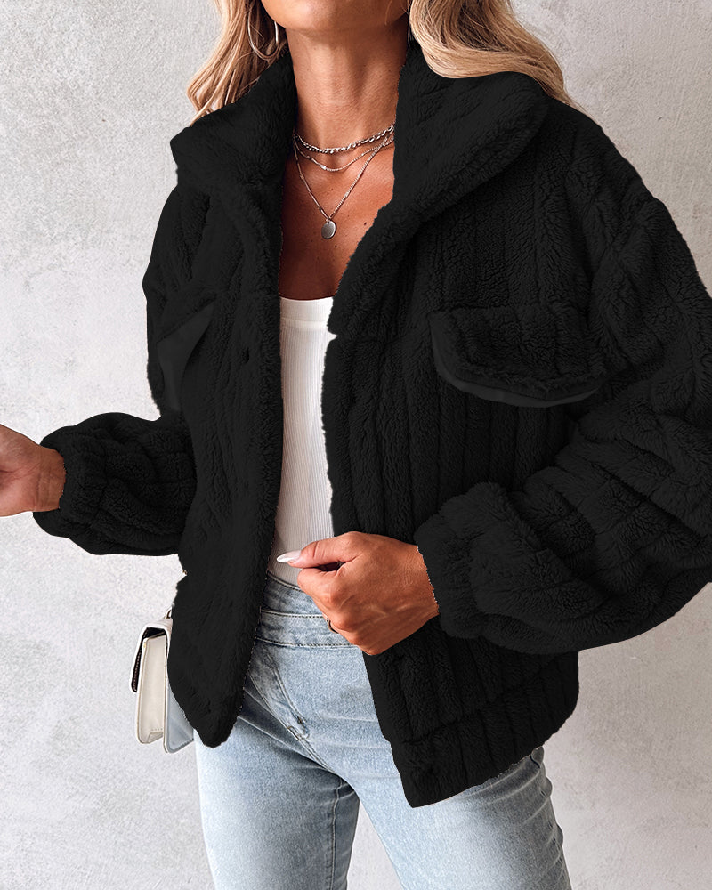 Striped Teddy Fleece Jacket with Buttons and Flap Pockets