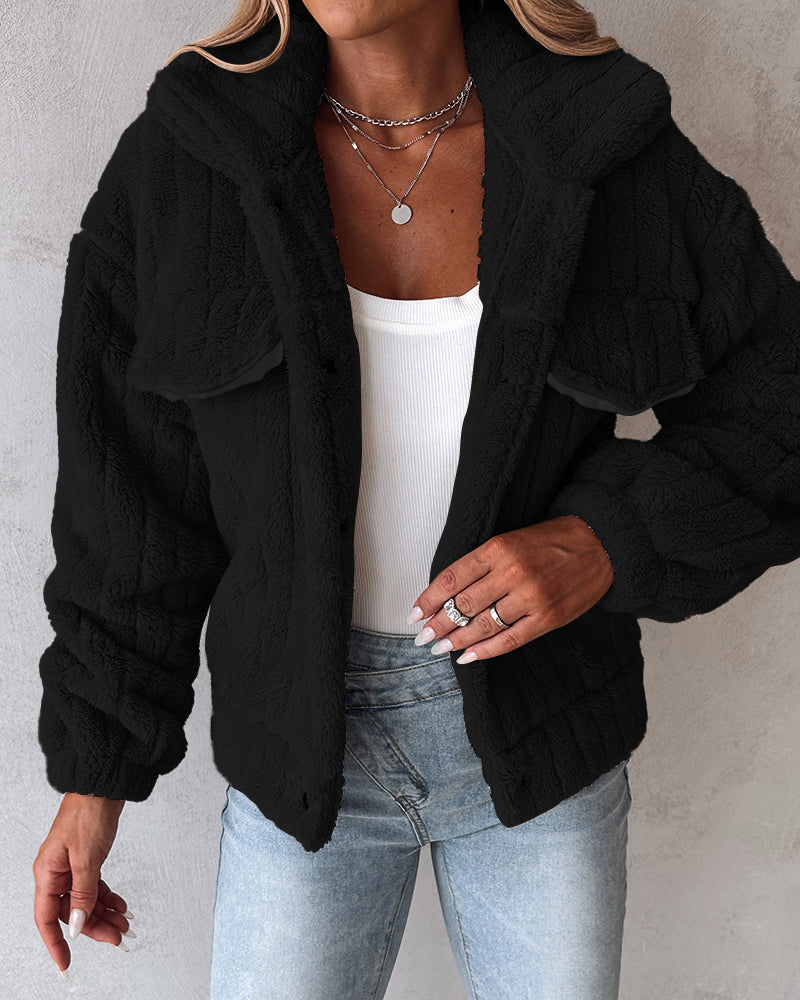 Striped Teddy Fleece Jacket with Buttons and Flap Pockets