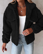 Striped Teddy Fleece Jacket with Buttons and Flap Pockets