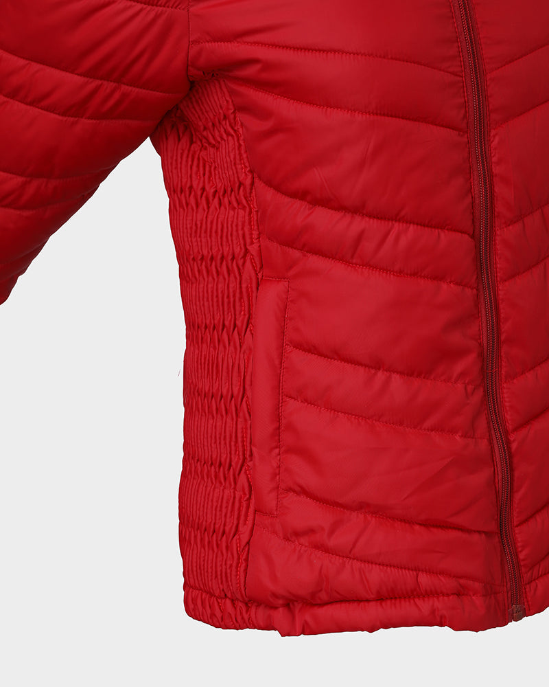 Fuzzy Trim Hooded Puffer Jacket with Shirred Zipper Pockets