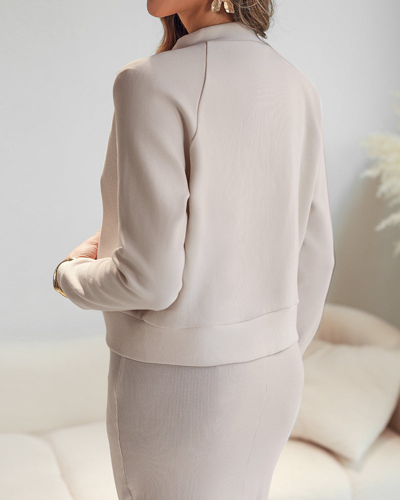 2-Piece U-Neck Tank Dress with Pearl-Button Baseball Coat Set