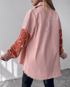 Raw Hem Sequin Patchwork Denim Shacket with Button Front