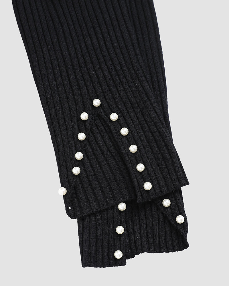 2-Piece Knit Top with Beaded Long Sleeves and Skinny Pants