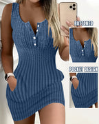 Ribbed Sleeveless Tank Dress: Button-Front, Bodycon Mini Style