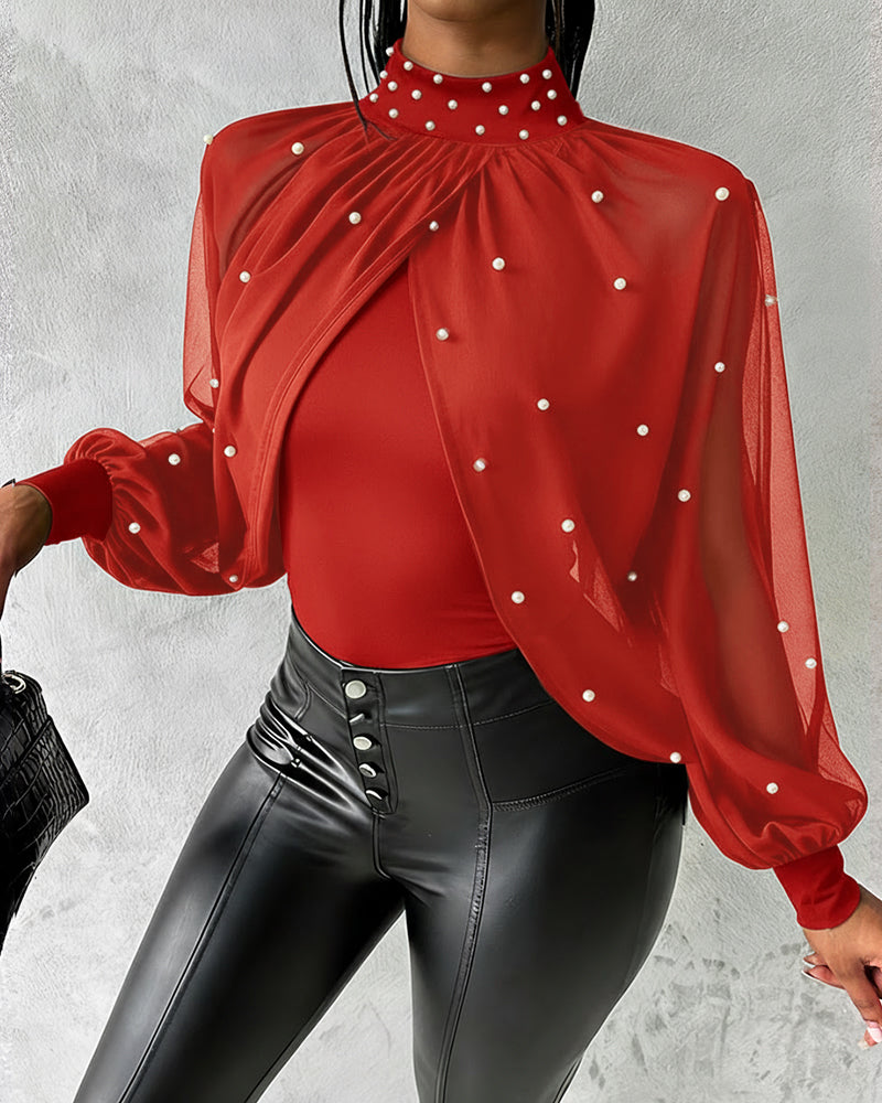 Pearl-Embellished High Neck Chiffon Tee with Draped Cape Sleeves