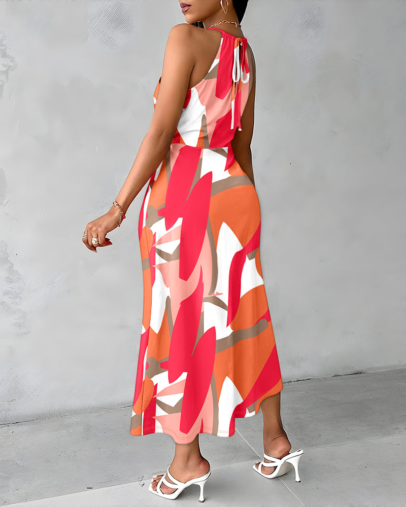 Colorblock Criss Cross Halter with Ruched Tie Vacation Dress
