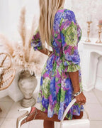 Chiffon Floral V-Neck Dress with Ruffled Hem and Shirred Waist
