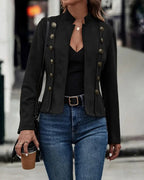 Faux Suede Jacket with Stand Collar and Button-Up Front