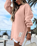 Drop Shoulder Zip-Side Long Sleeve Pullover with Slit Detail.
