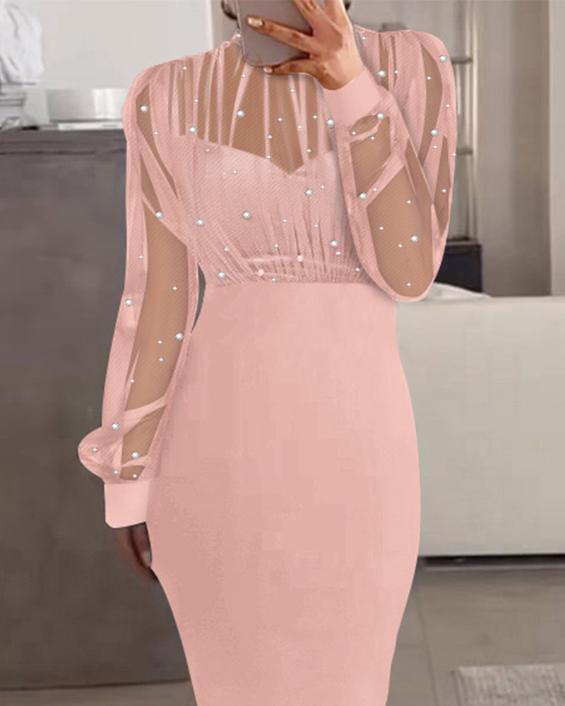 Mock Neck Beaded Mesh Bodycon Dress with Rear Zipper