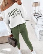 "Nope. Not Today" Asymmetric Neckline Top and Fitted Pants Set