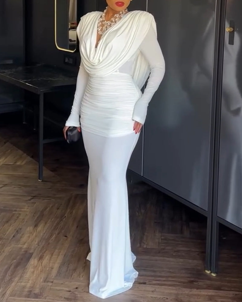 Padded Shoulder Cowl Neck Ruched Backless Maxi Dress