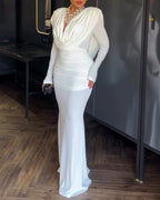 Padded Shoulder Cowl Neck Ruched Backless Maxi Dress