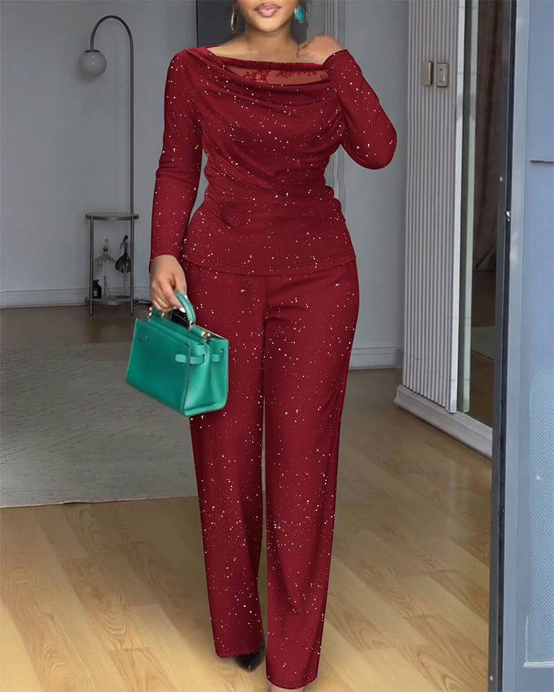 2-Piece Sparkly Ensemble: Lace Cowl Neck Top & Wide-Leg Pants