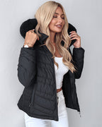 Fuzzy Trim Hooded Puffer Jacket with Shirred Zipper Pockets