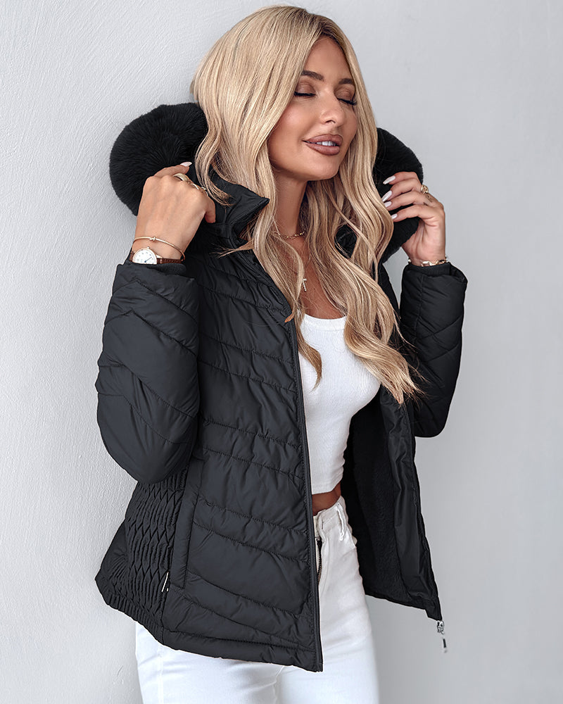 Fuzzy Trim Hooded Puffer Jacket with Shirred Zipper Pockets