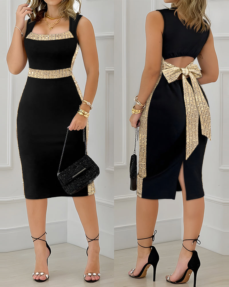 Square Neck Sleeveless Dress with Bowknot and Mid-Calf Slit