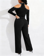 Cold Shoulder Rhinestone Halter Jumpsuit with Zipper Back