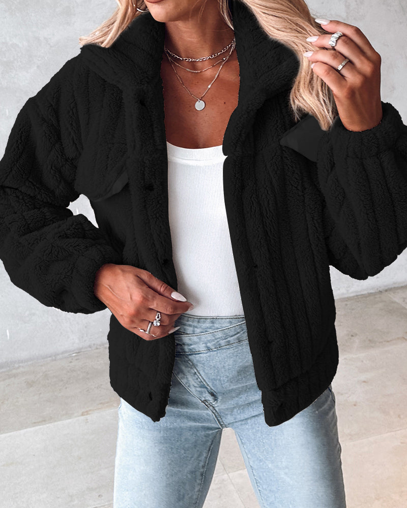 Striped Teddy Fleece Jacket with Buttons and Flap Pockets