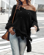 V-Neck Long Sleeve Tassel Fringe Pullover Sweater for Fall/Winter