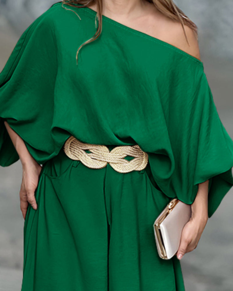 Lantern Sleeve Top and Wide Leg Pants Set with Zipper